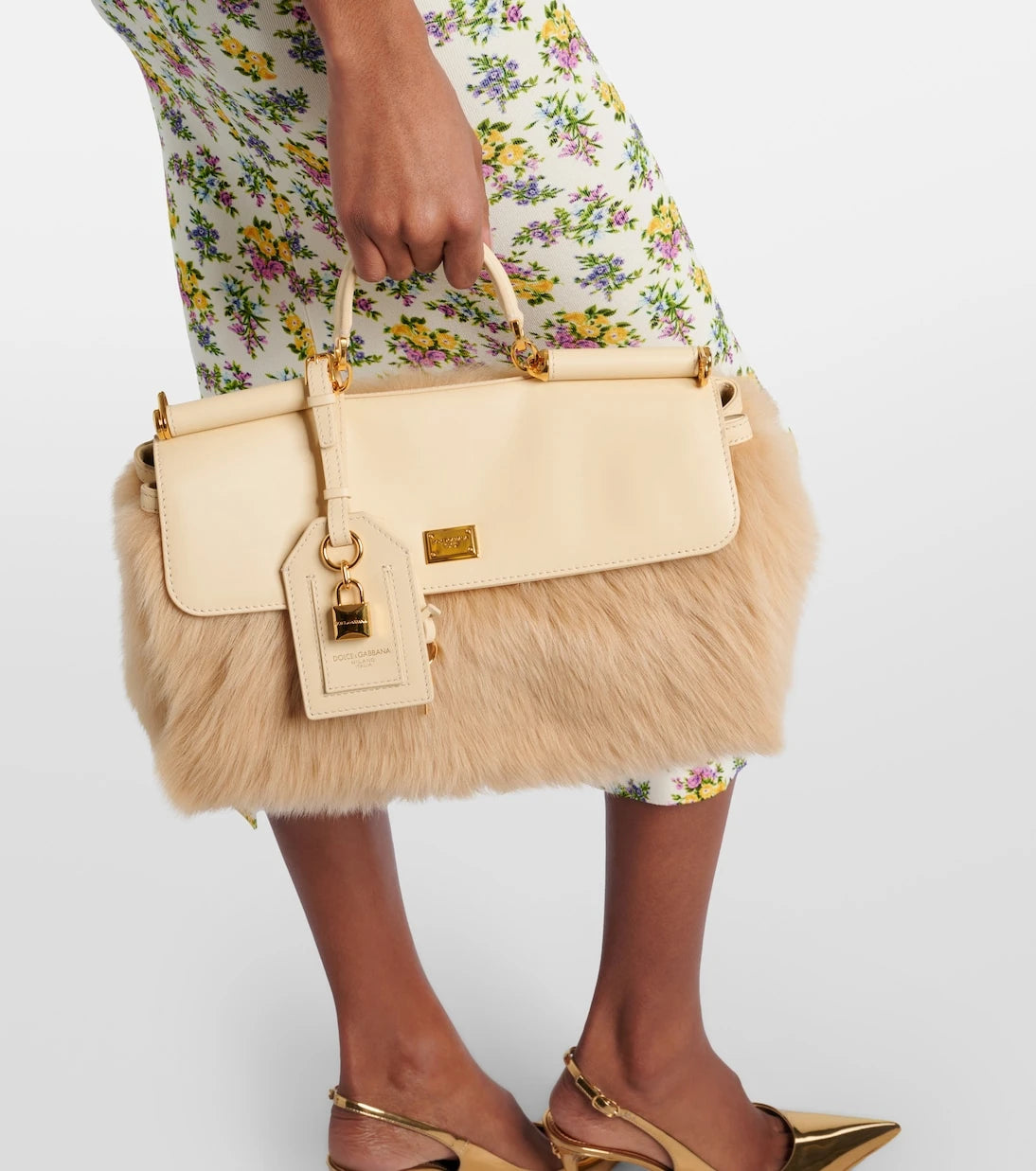 Dolce&Gabbana - Sicily Large leather and shearling top-handle bag