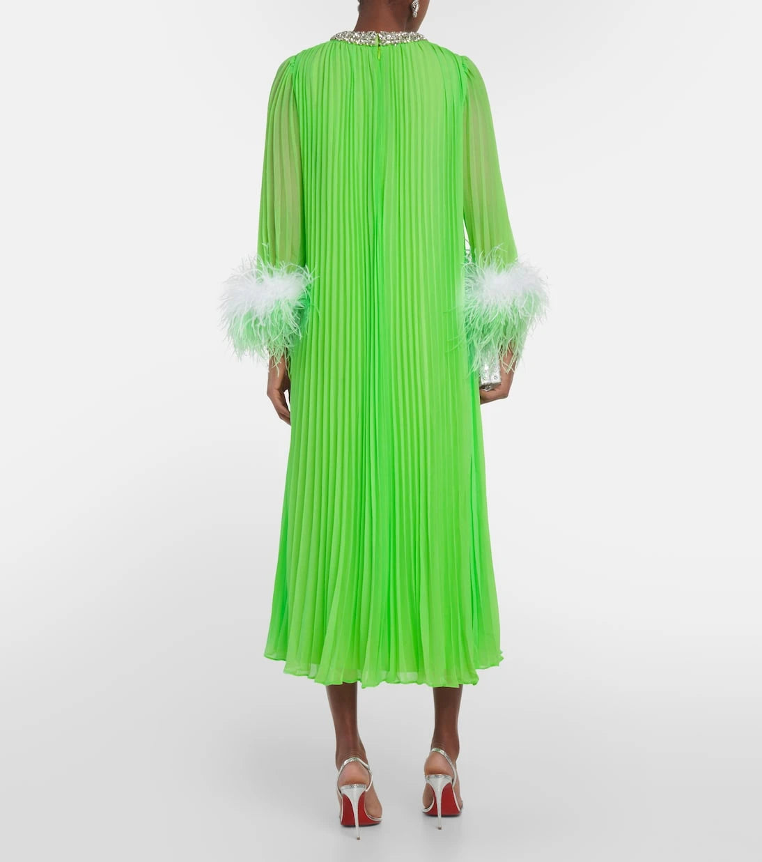 Self-Portrait - Pleated feather-trimmed chiffon gown