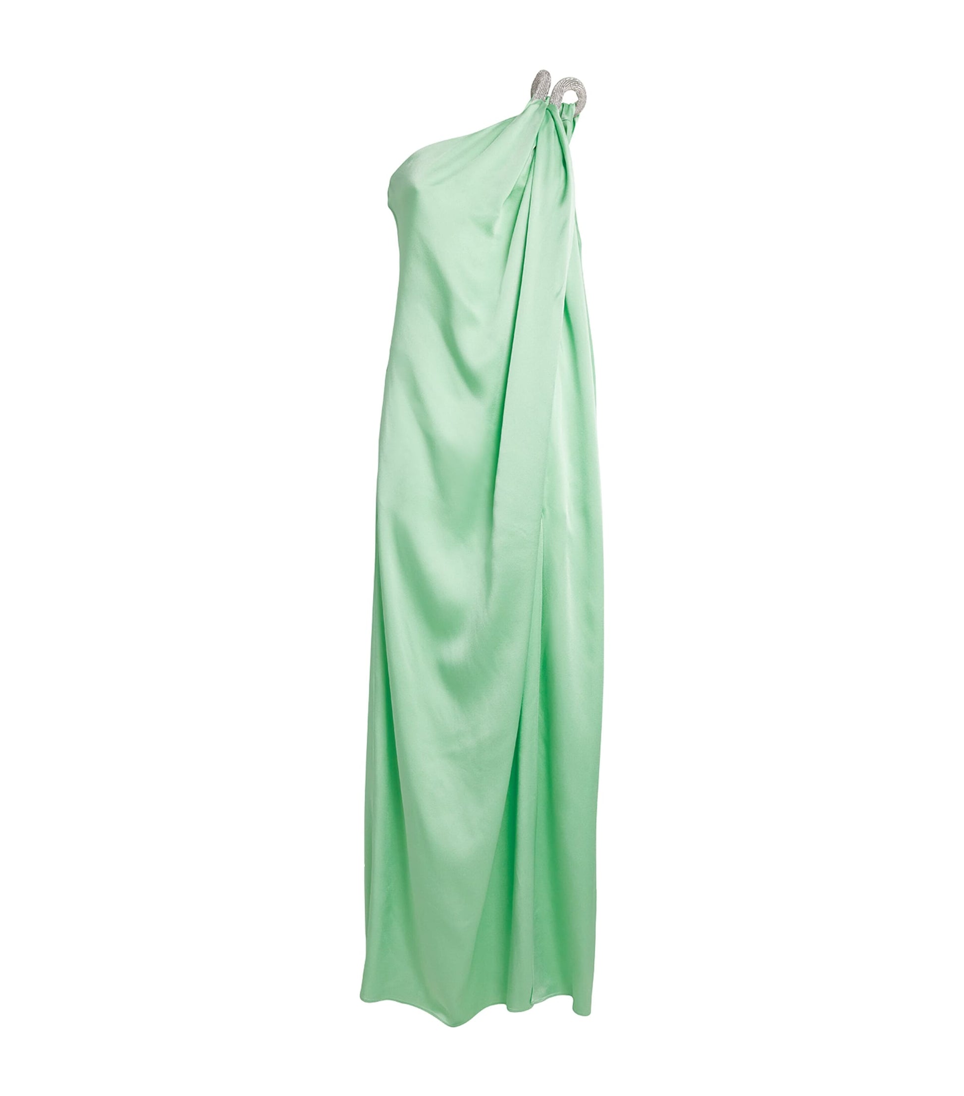 Green Satin Embellished Chain Gown