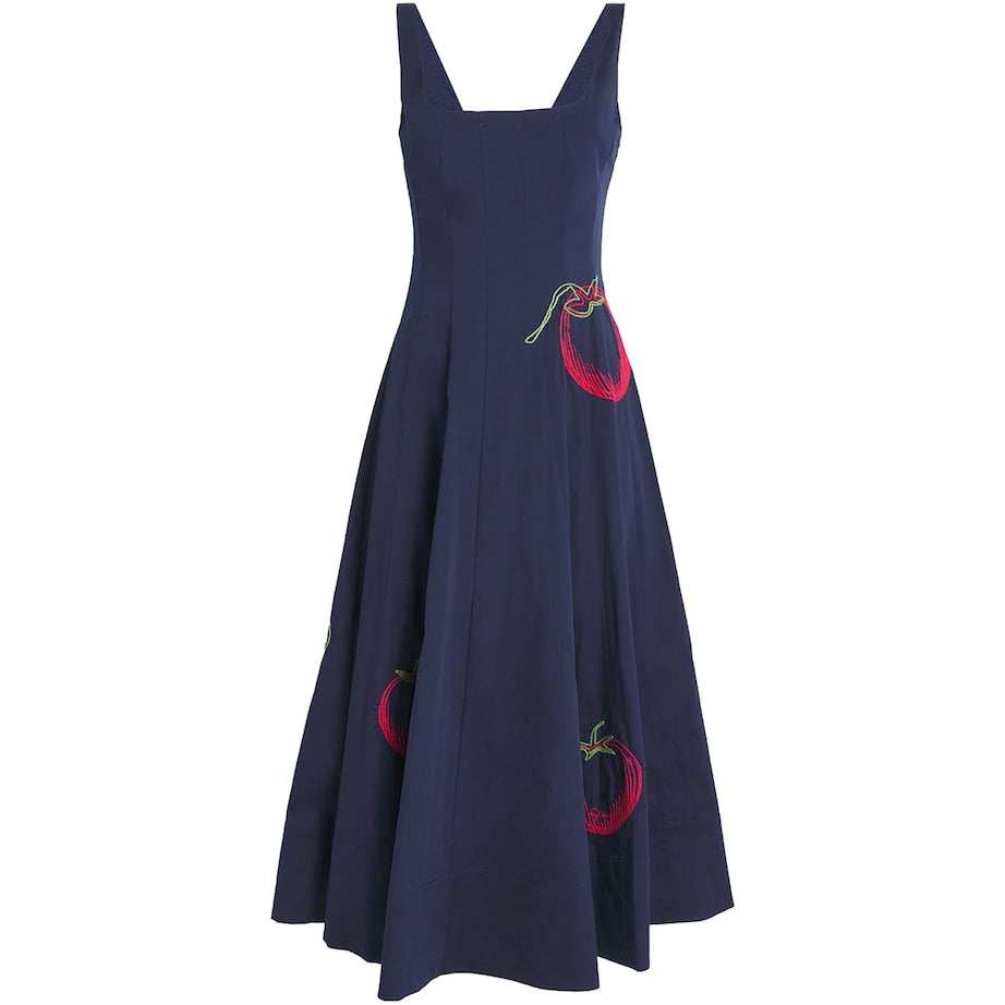 STAUD Navy Tomato-Embroidered Wells Midi Dress