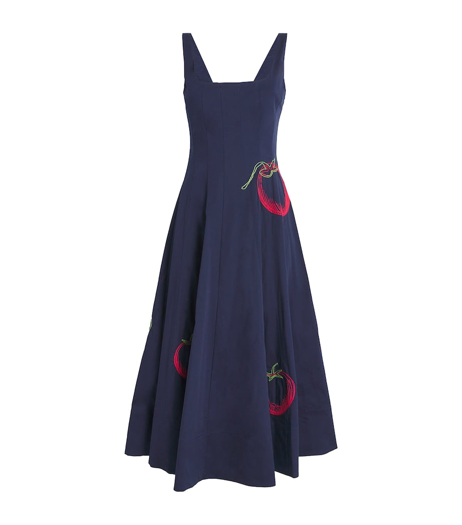 STAUD Navy Tomato-Embroidered Wells Midi Dress