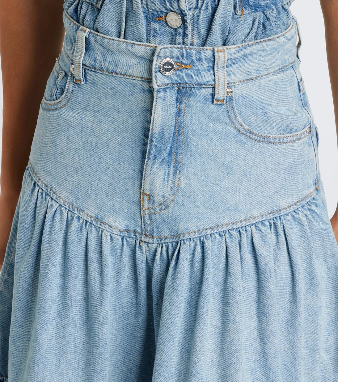 Ganni - Ruffled denim midi skirt