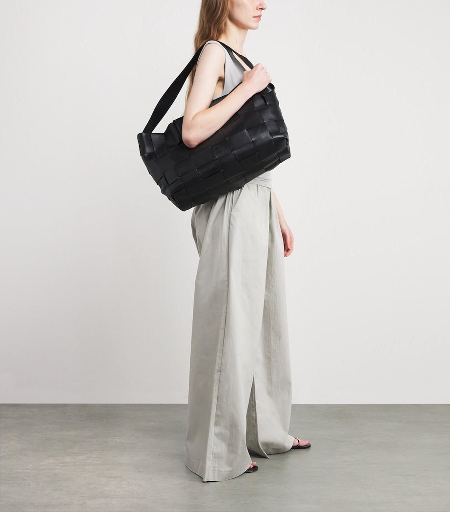 St. Agni Black Large Leather Woven Tote Bag