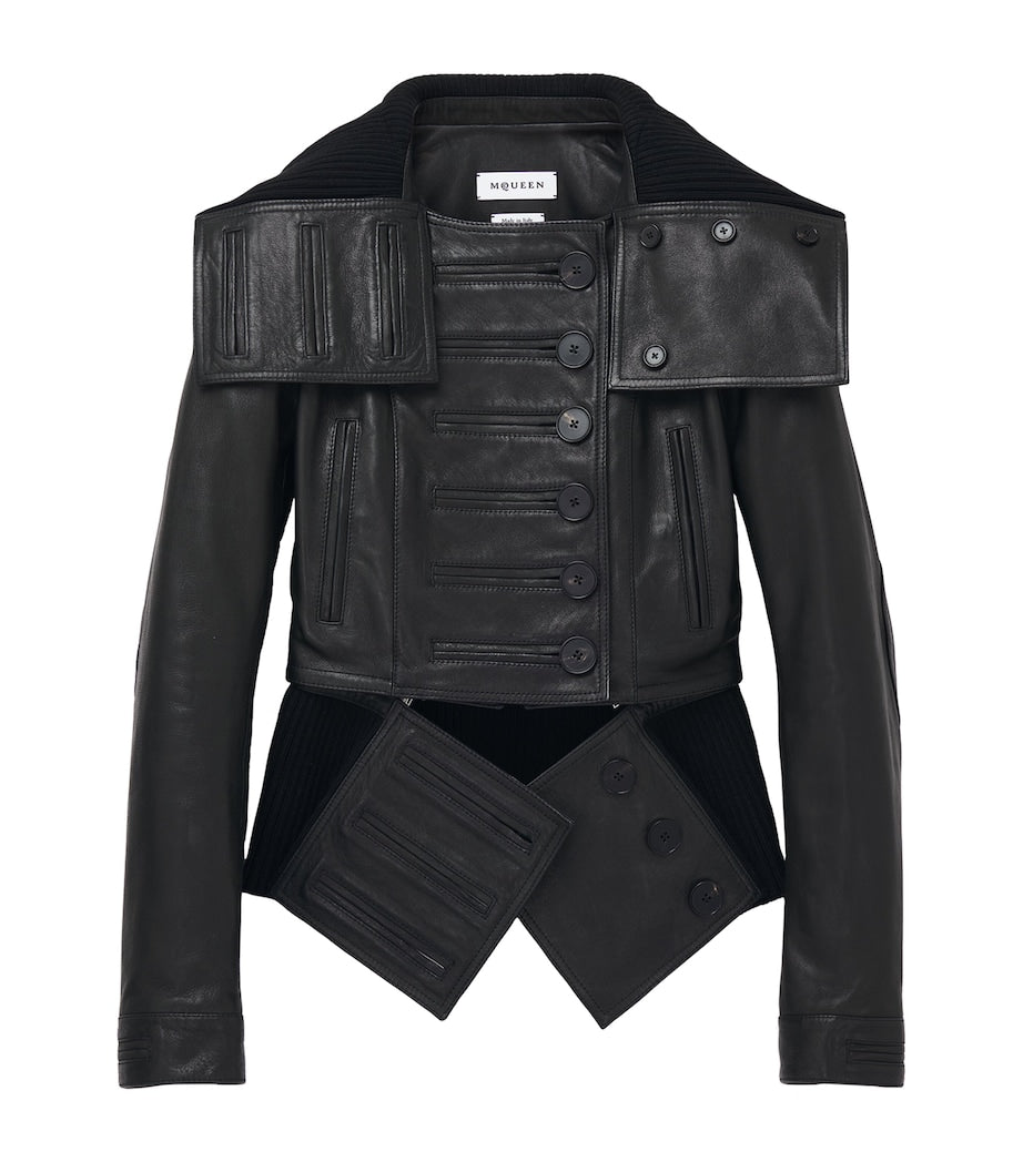 Black Exaggerated Buttonhole Leather Jacket