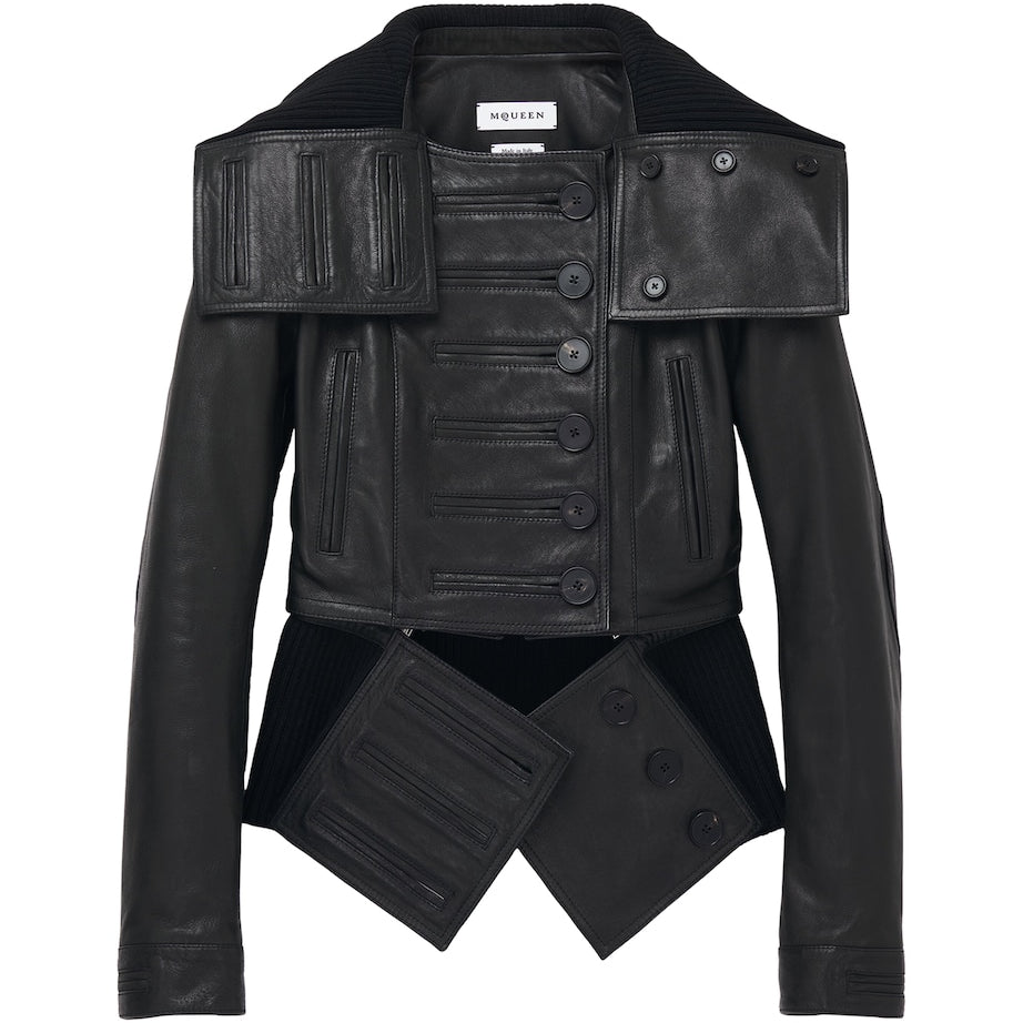 Black Exaggerated Buttonhole Leather Jacket