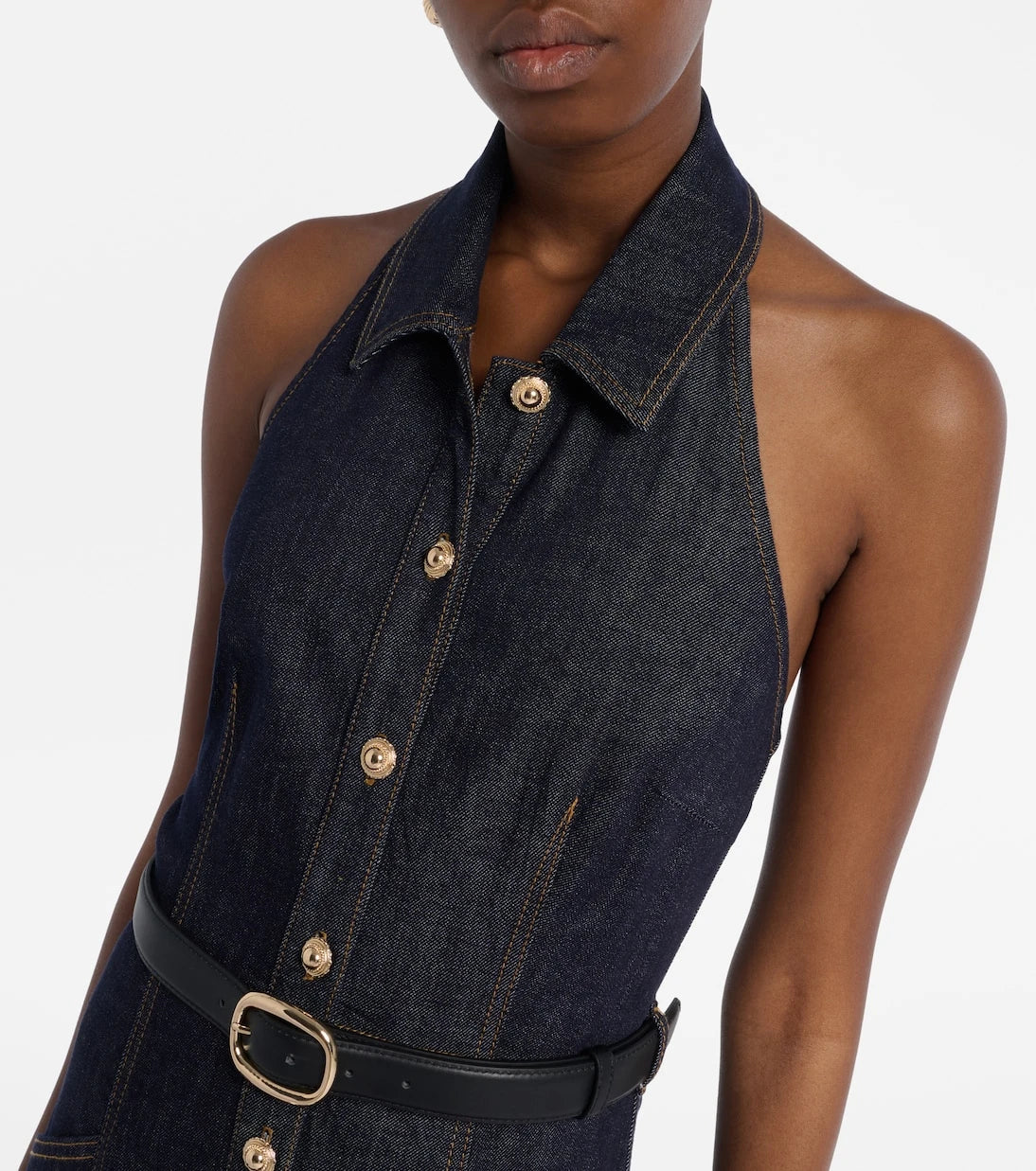 Self-Portrait - Halterneck denim midi dress