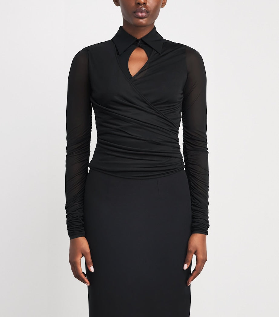 Black Tulle-Sleeve Draped Blouse