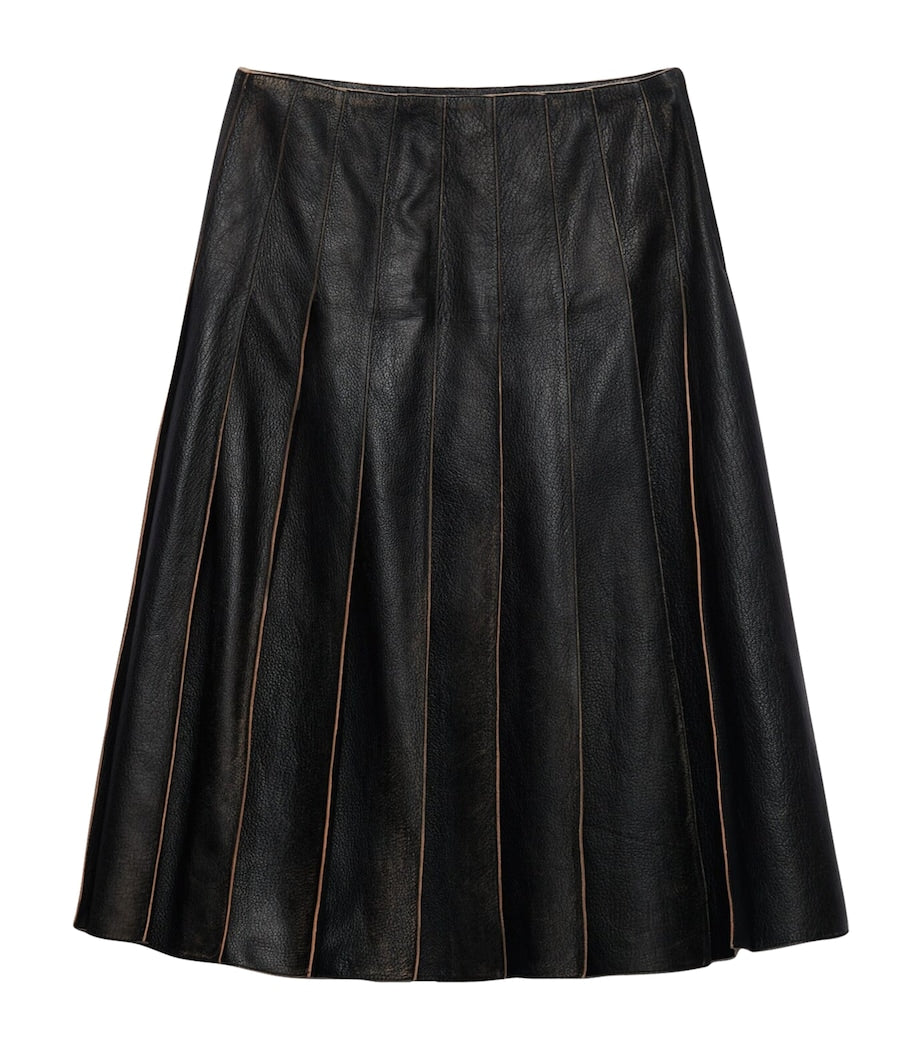 Prada Black Leather Pleated Midi Skirt