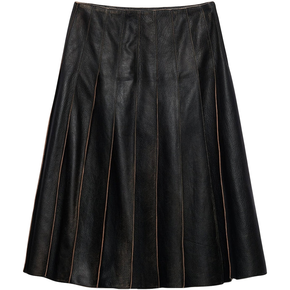 Prada Black Leather Pleated Midi Skirt