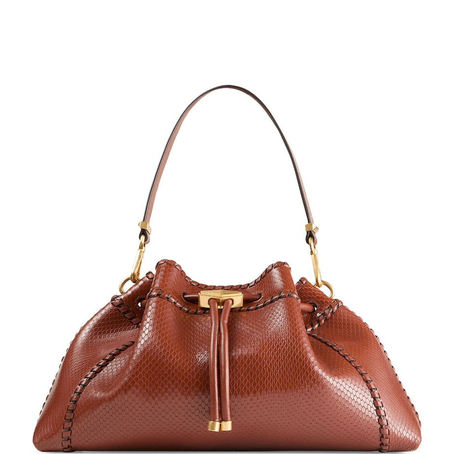 Brown Medium Snake-Print Cinch Bag