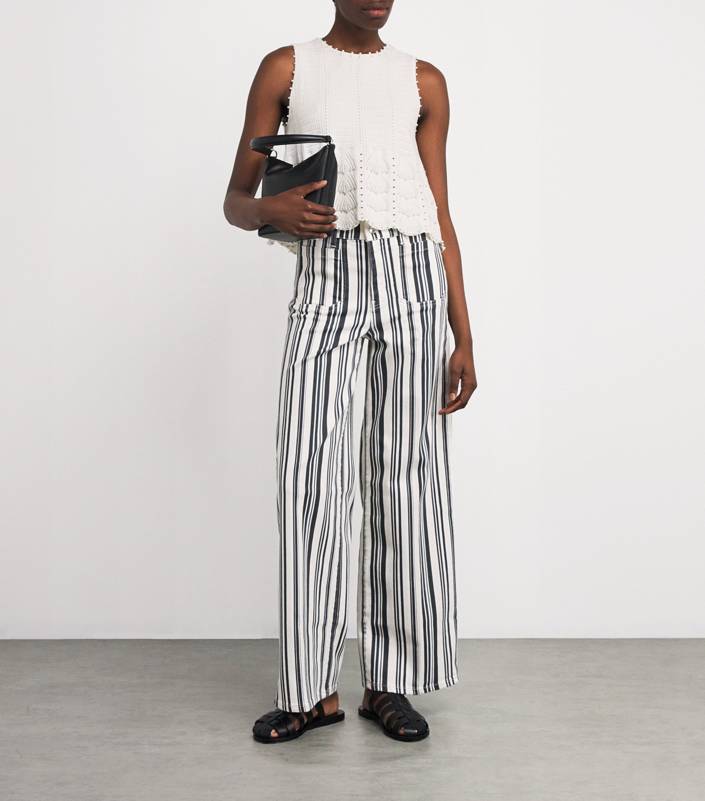 White Pointelle Beaded Sleeveless Top