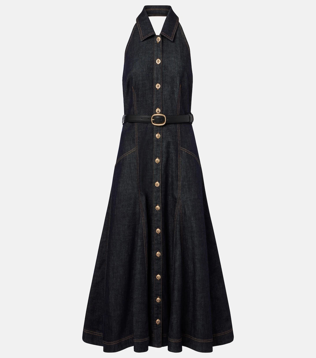 Self-Portrait - Halterneck denim midi dress