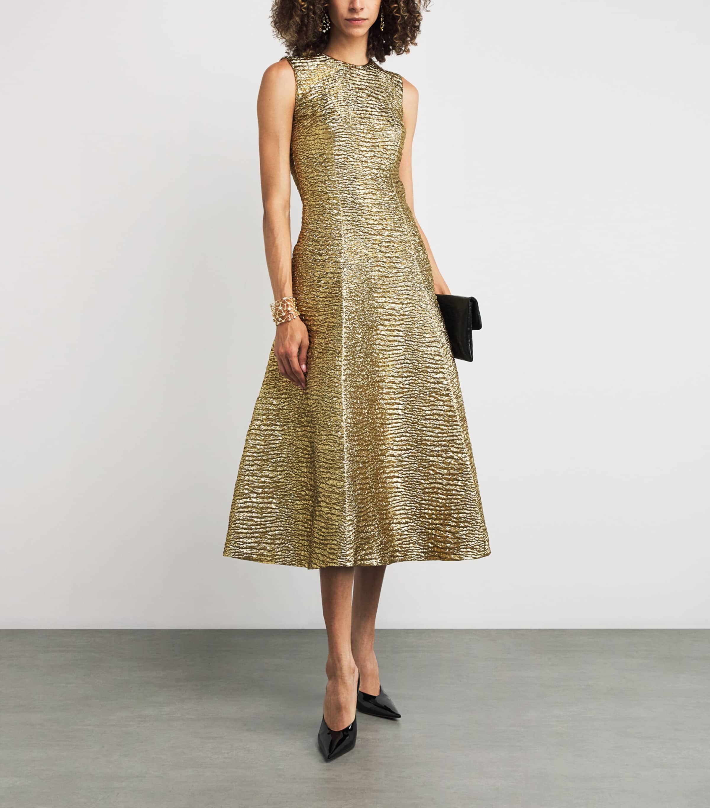 Emilia Wickstead Gold Metallic Seersucker Mara Midi Dress