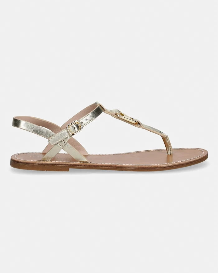 Tommy Hilfiger düz tabanlı kadın deri sandalet LEATHER THONG SANDAL GOLD