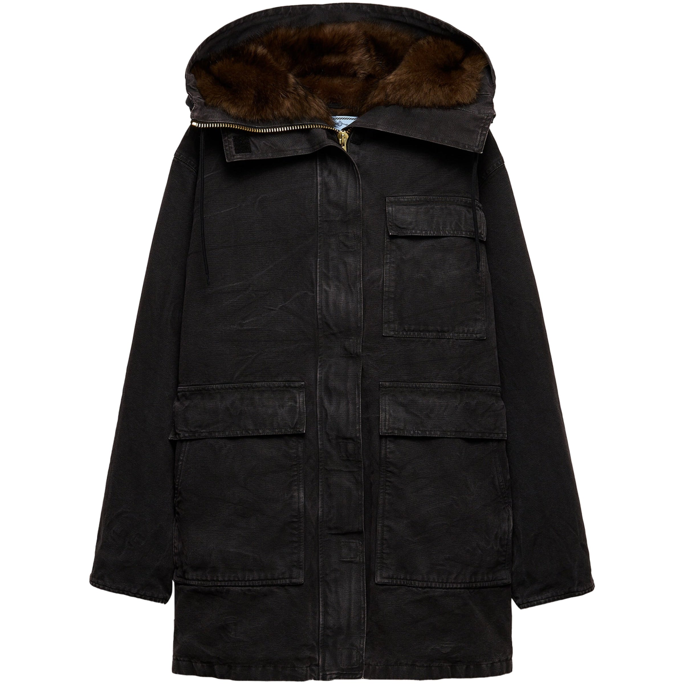 Prada Black Canvas Shearling-Hood Coat