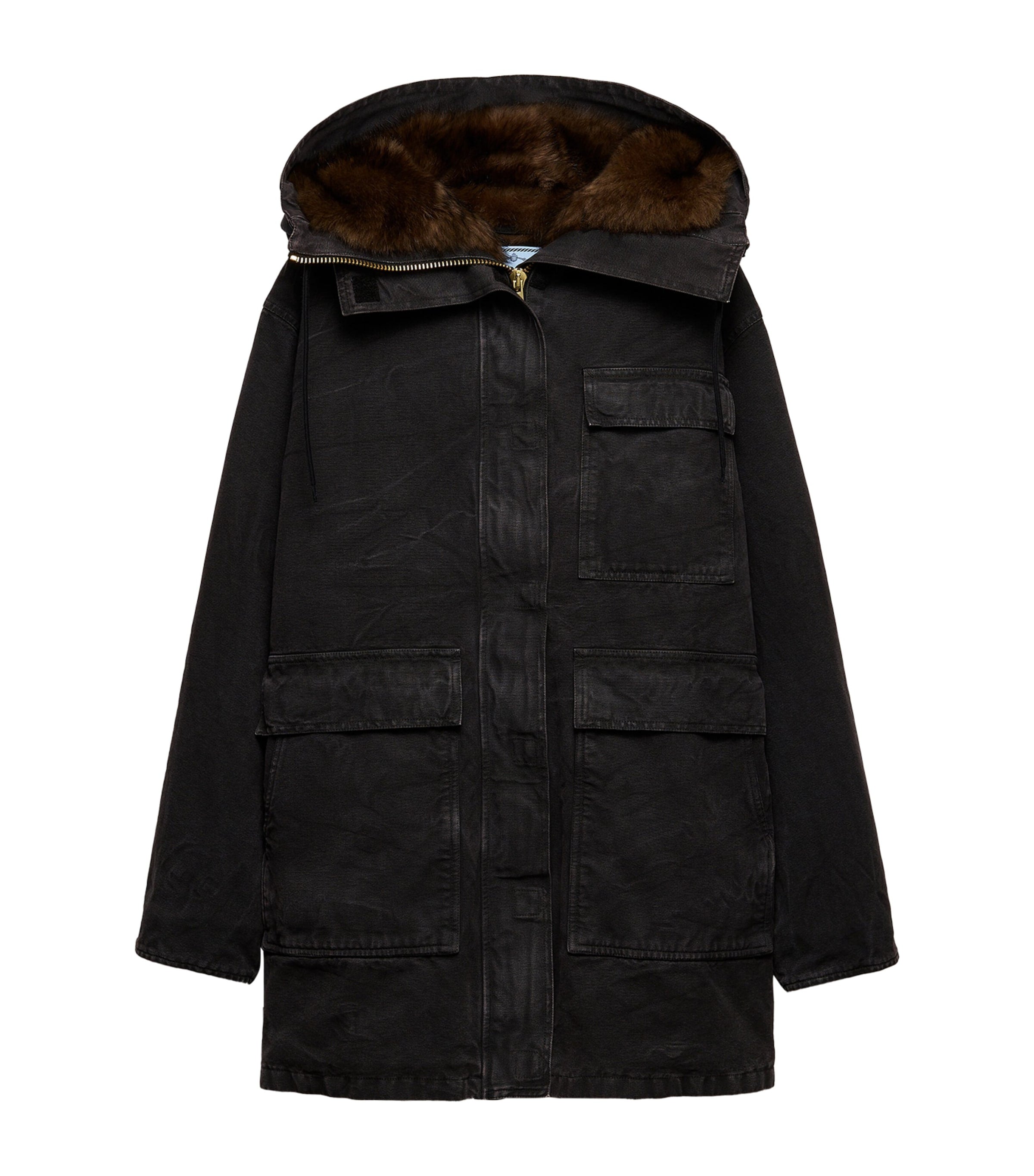 Prada Black Canvas Shearling-Hood Coat