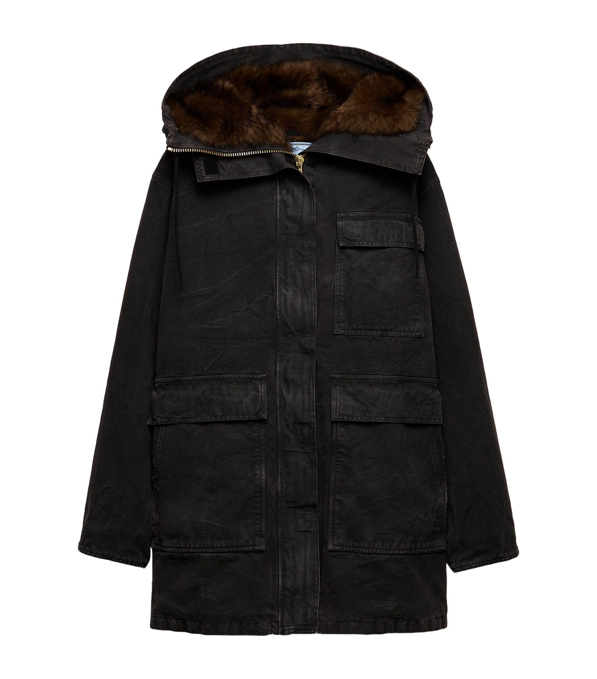 Prada Black Canvas Shearling-Hood Coat