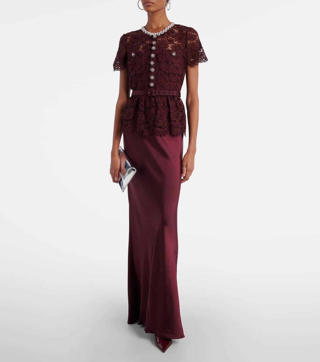 Self-Portrait - Belted lace and satin maxi dress