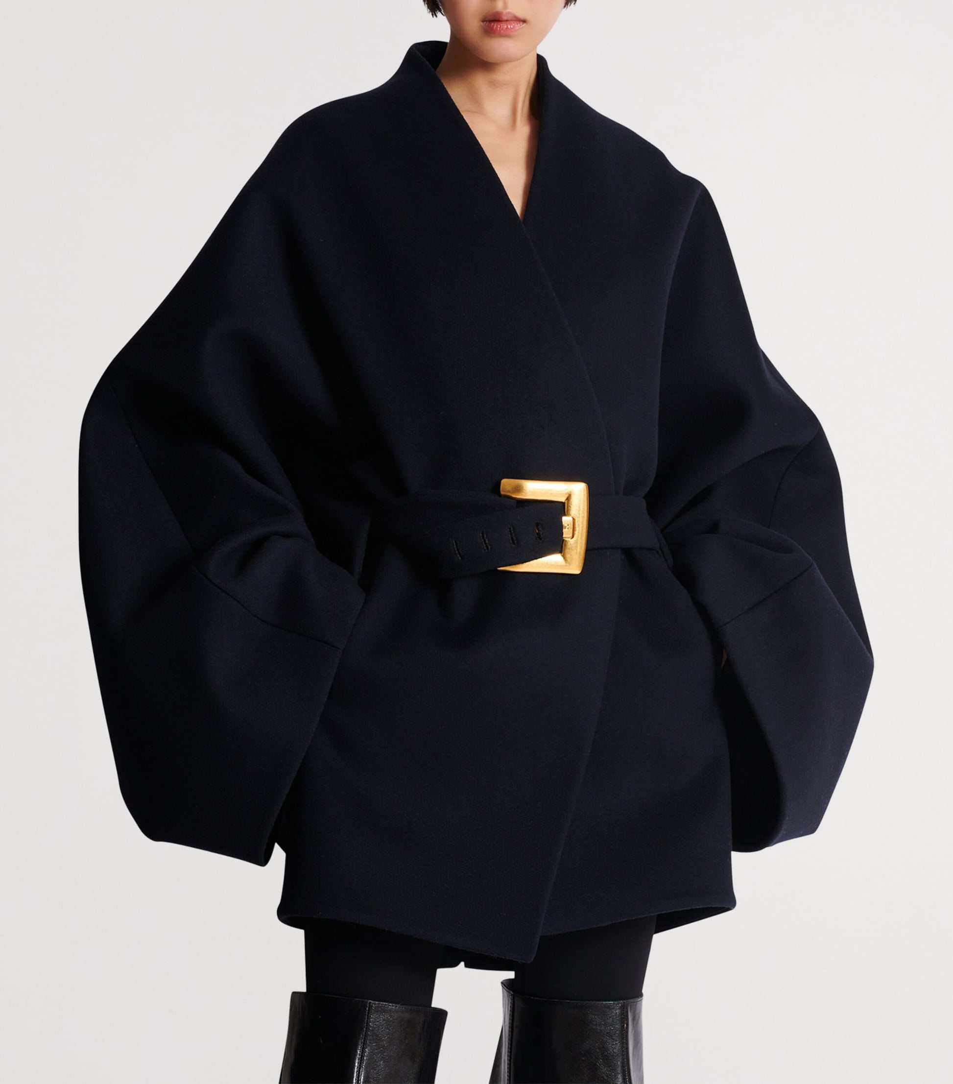 Navy Wool-Blend Oversized Wrap Coat