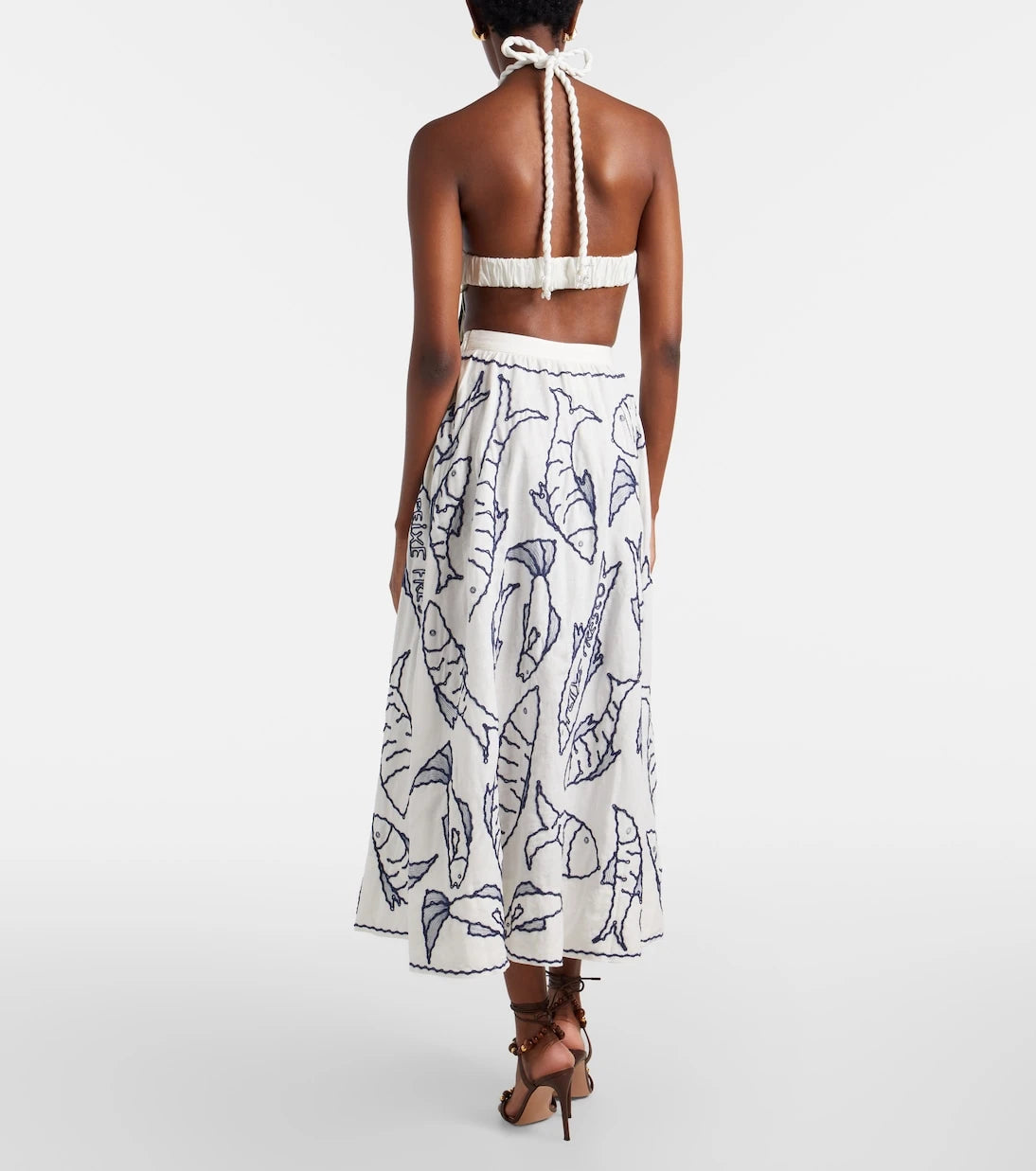 Farm Rio - Embroidered linen-blend midi skirt