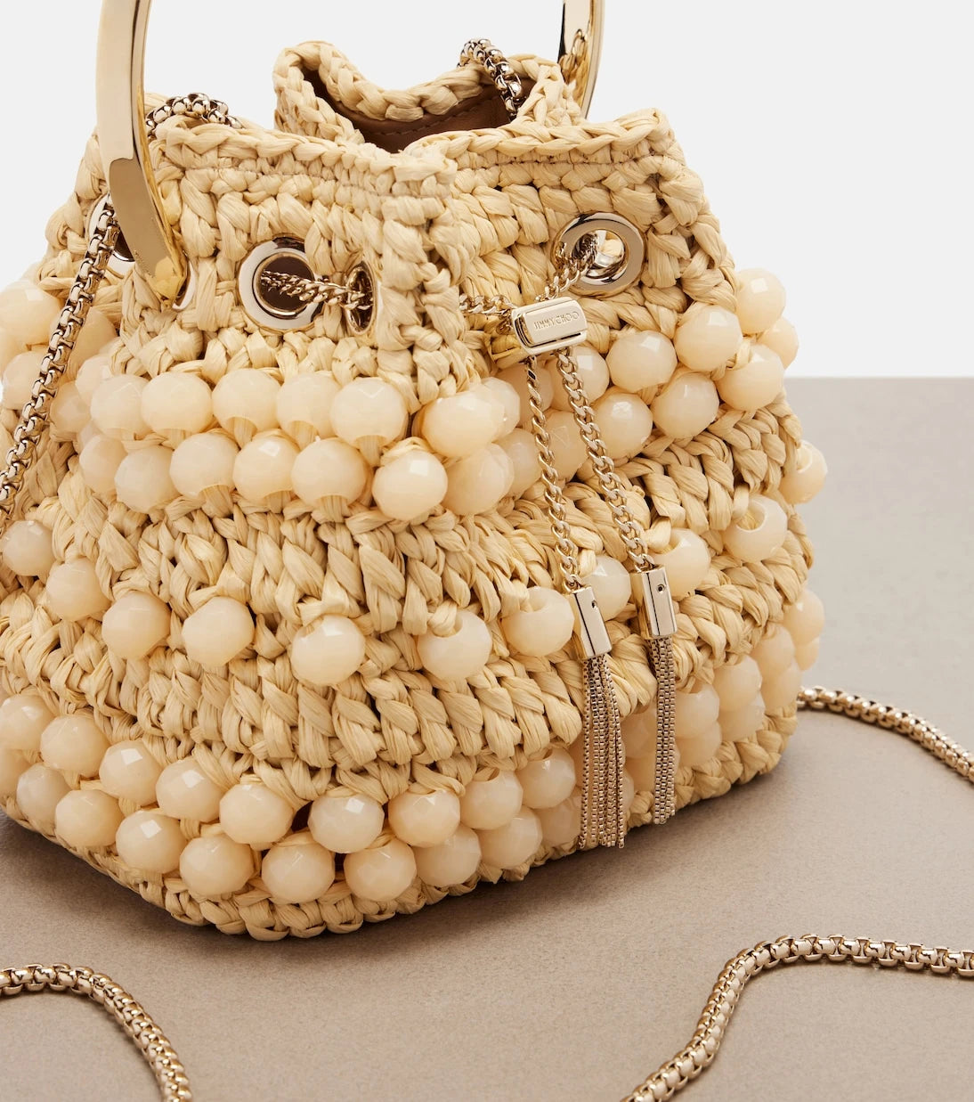 Jimmy Choo - Bon Bon Small beaded raffia bucket bag