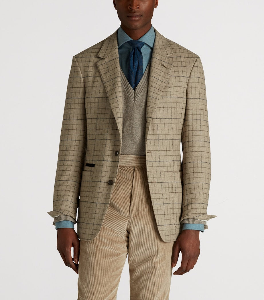 Beige Virgin Wool-Cashmere Tattersall Check Bourdon Blazer
