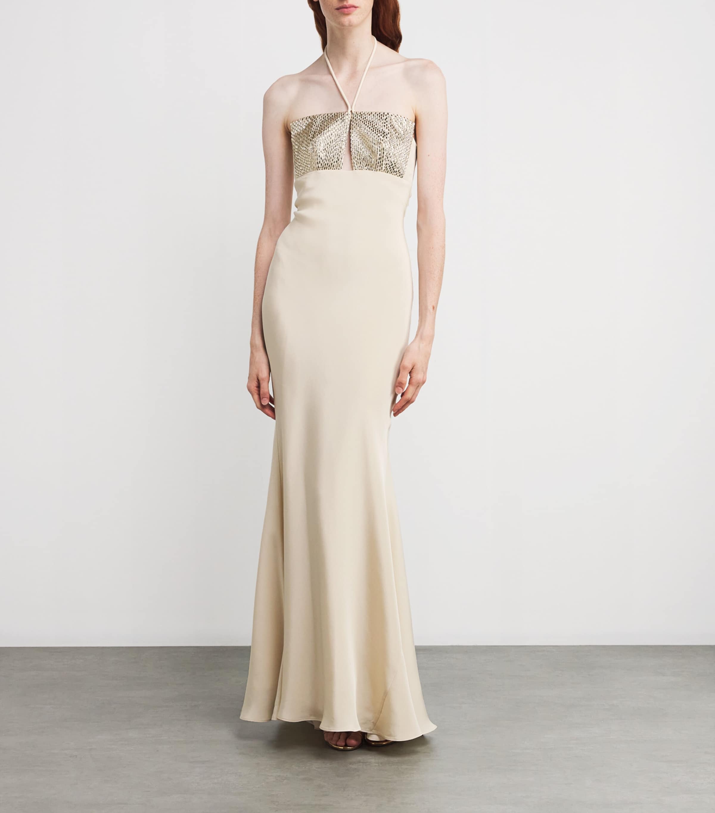 Silk Embellished Halterneck Maxi Dress CHAMPAGNE