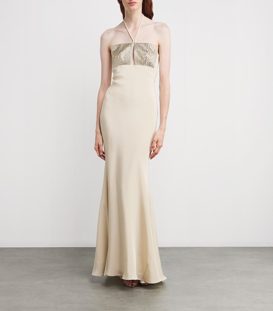 Roland Mouret Ivory Silk Embellished Halterneck Maxi Dress