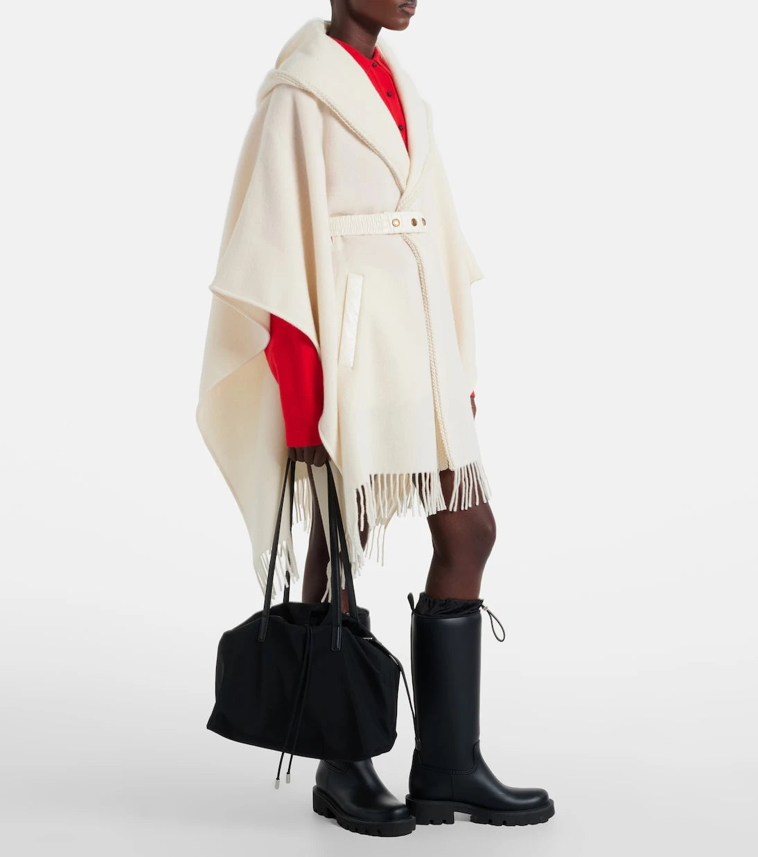 Moncler - Kemerli, saçaklı saf yün pelerin