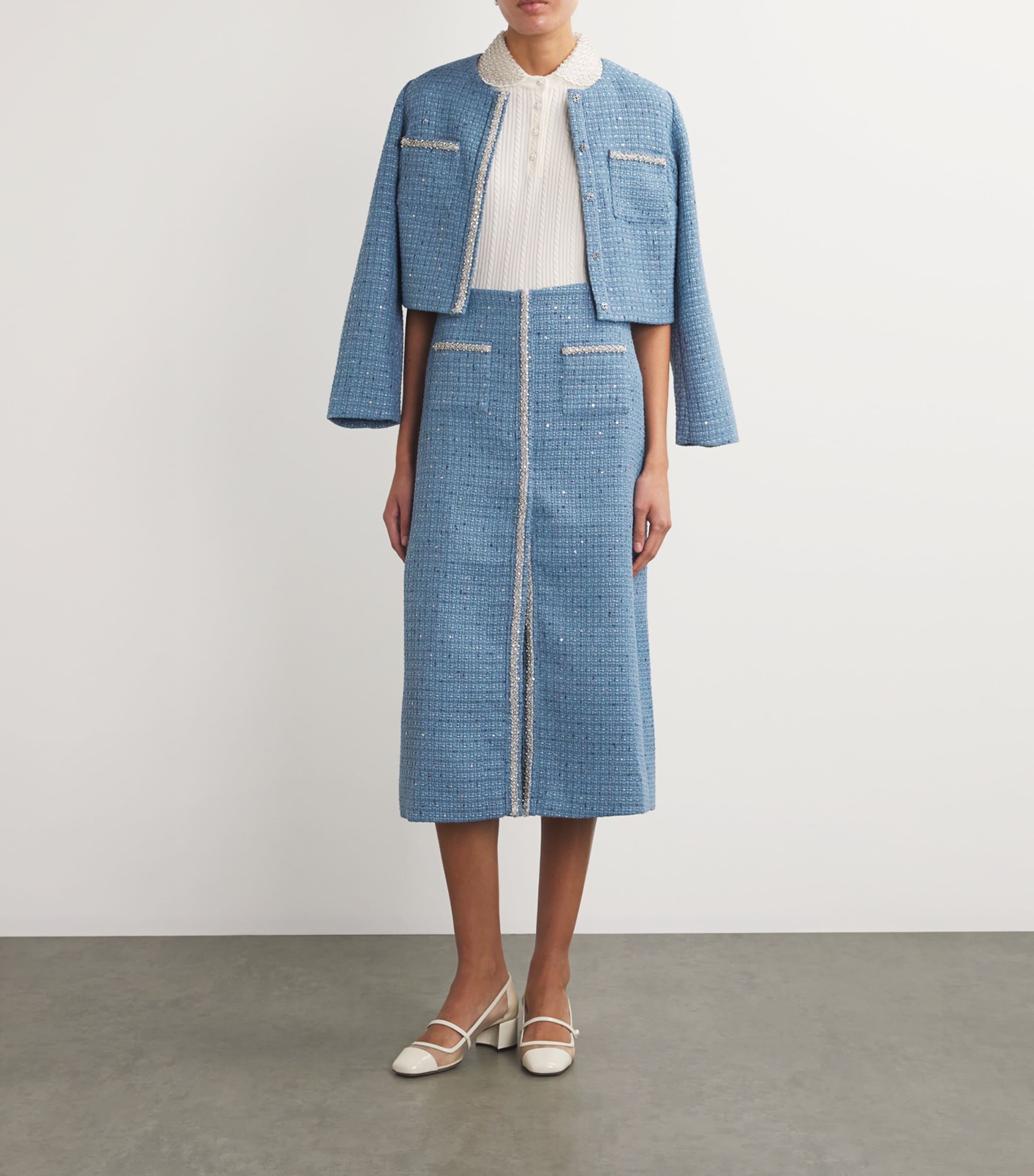 Tweed Sequinned Midi Skirt BLUE