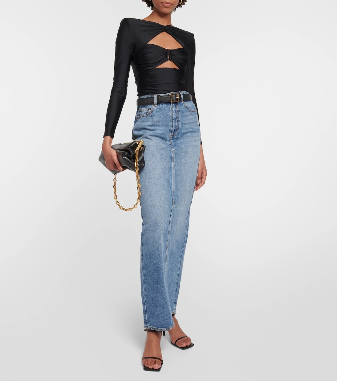 Self-Portrait - High-rise denim maxi skirt
