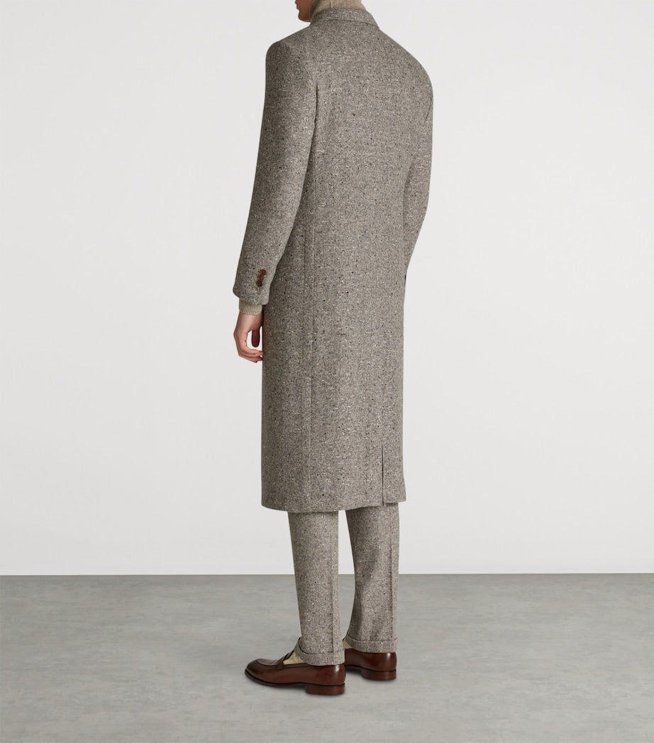 Grey Cashmere Donegal Tweed Double-Breasted Overcoat