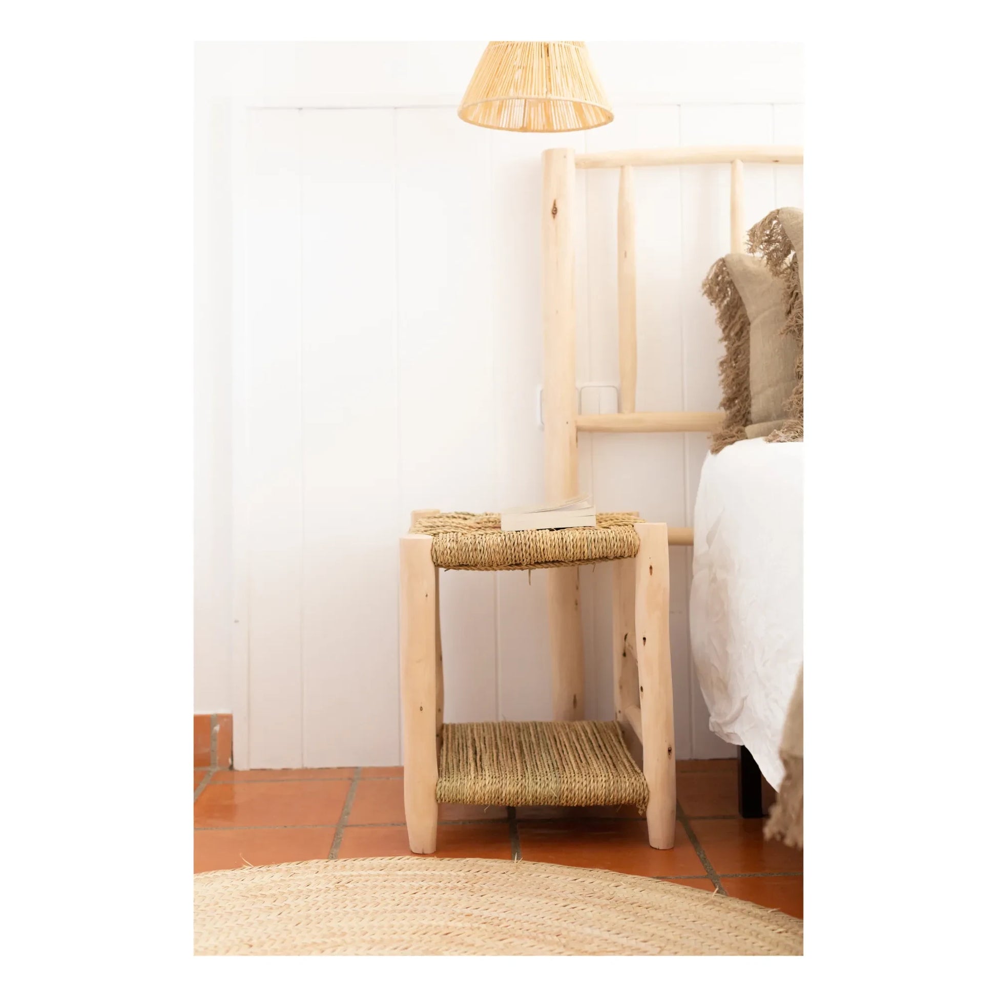 Cosydar - Palm Leaf and Raw Wood Bedside Table