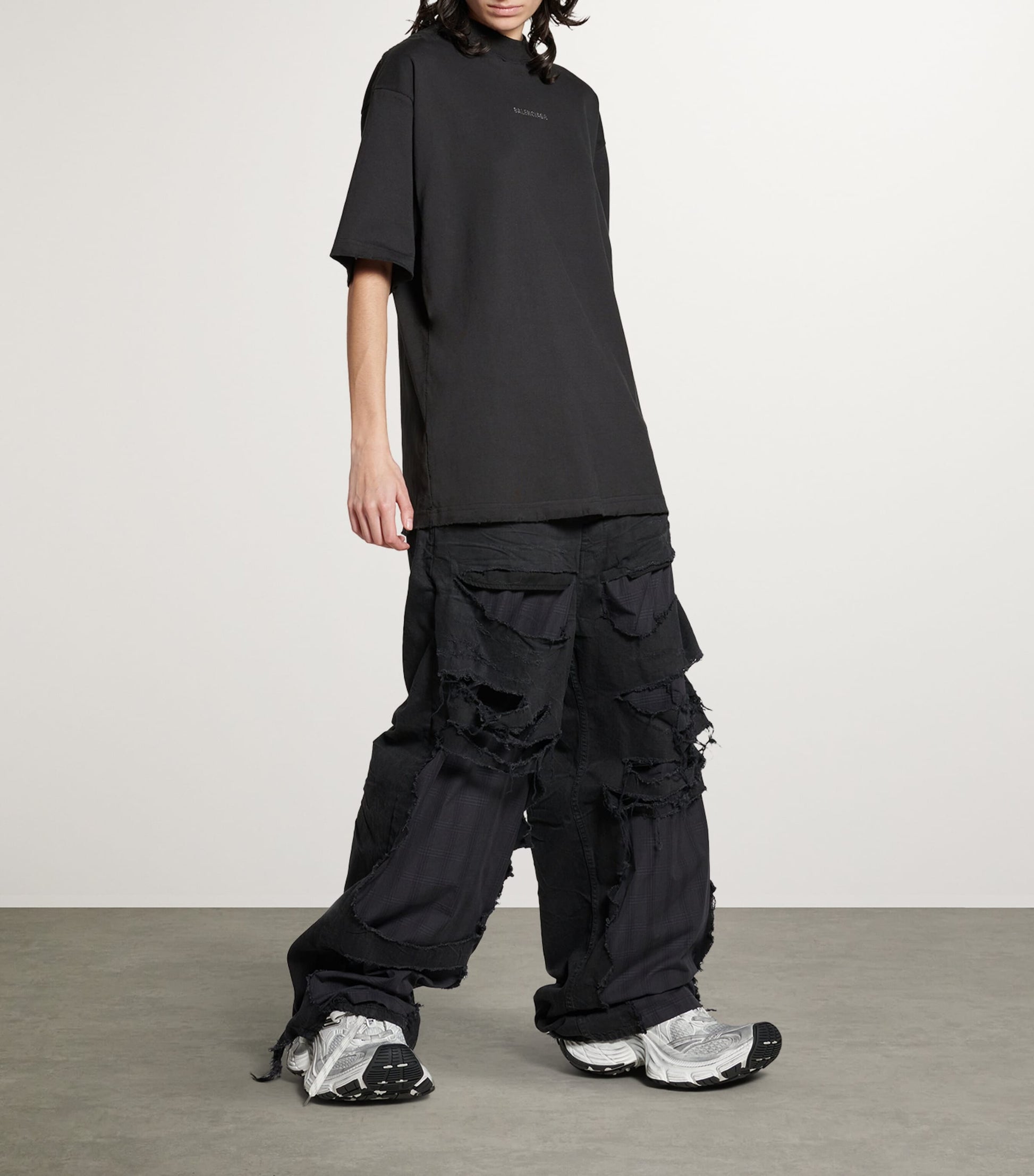 Balenciaga Black Distressed Rhinestone-Logo T-Shirt