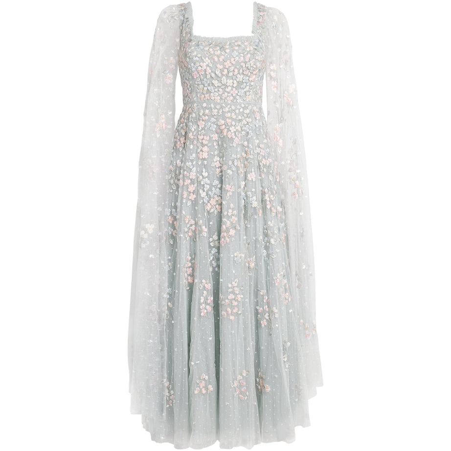 Needle & Thread Blue Cape-Sleeve Versailles Ditsy Maxi Dress