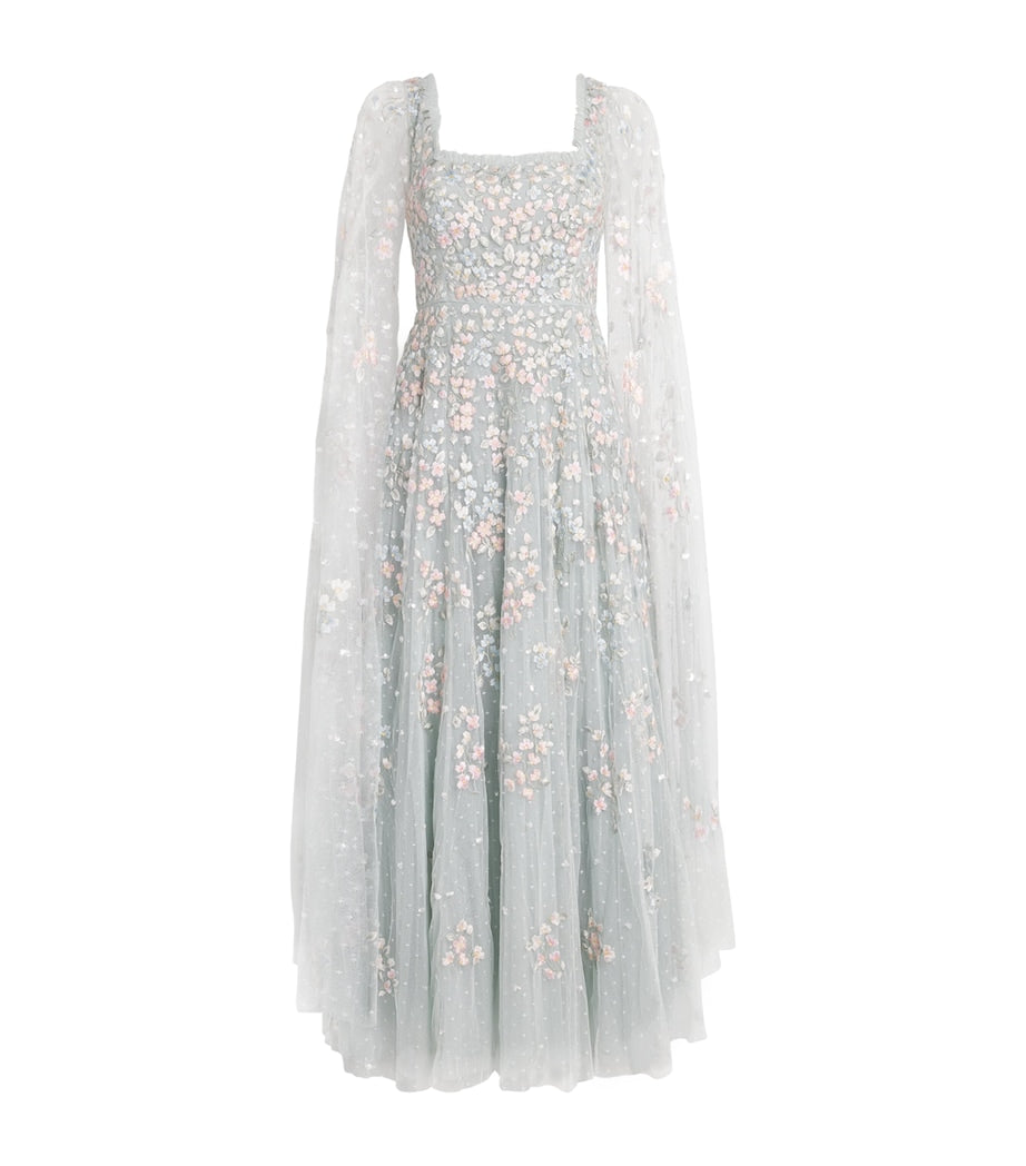 Needle & Thread Blue Cape-Sleeve Versailles Ditsy Maxi Dress