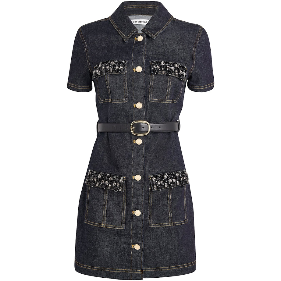 Self-Portrait Blue Denim Crystal-Trim Mini Dress