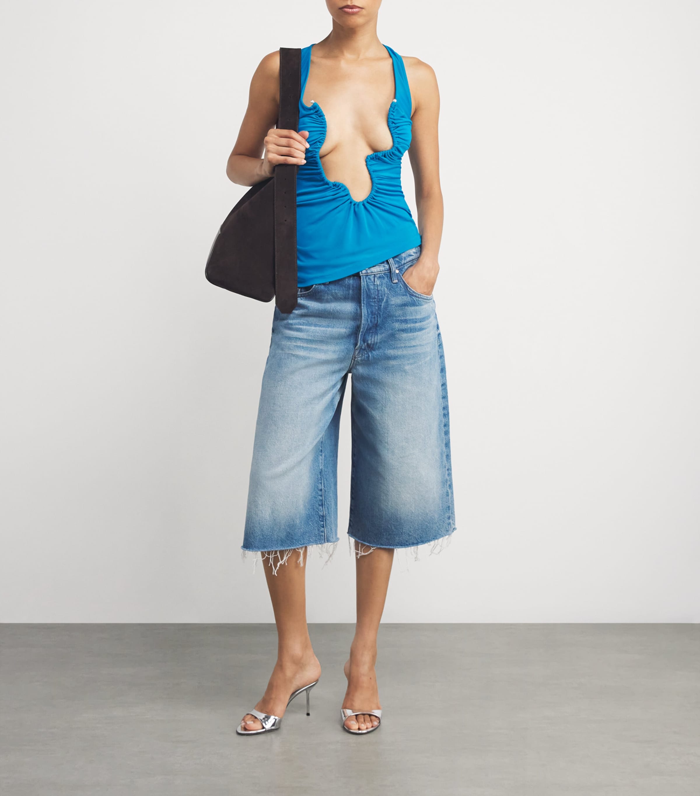 Blue Ruched Cut-Out Wave Top