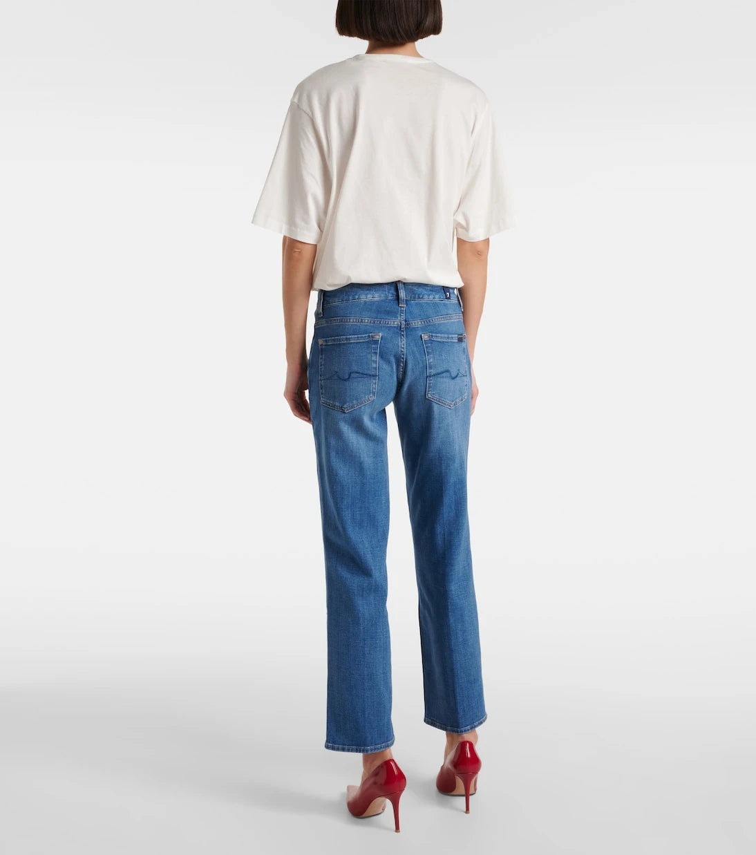 7 For All Mankind - بنطلون جينز كالي بقصّة مستقيمة وخصر متوسط الارتفاع