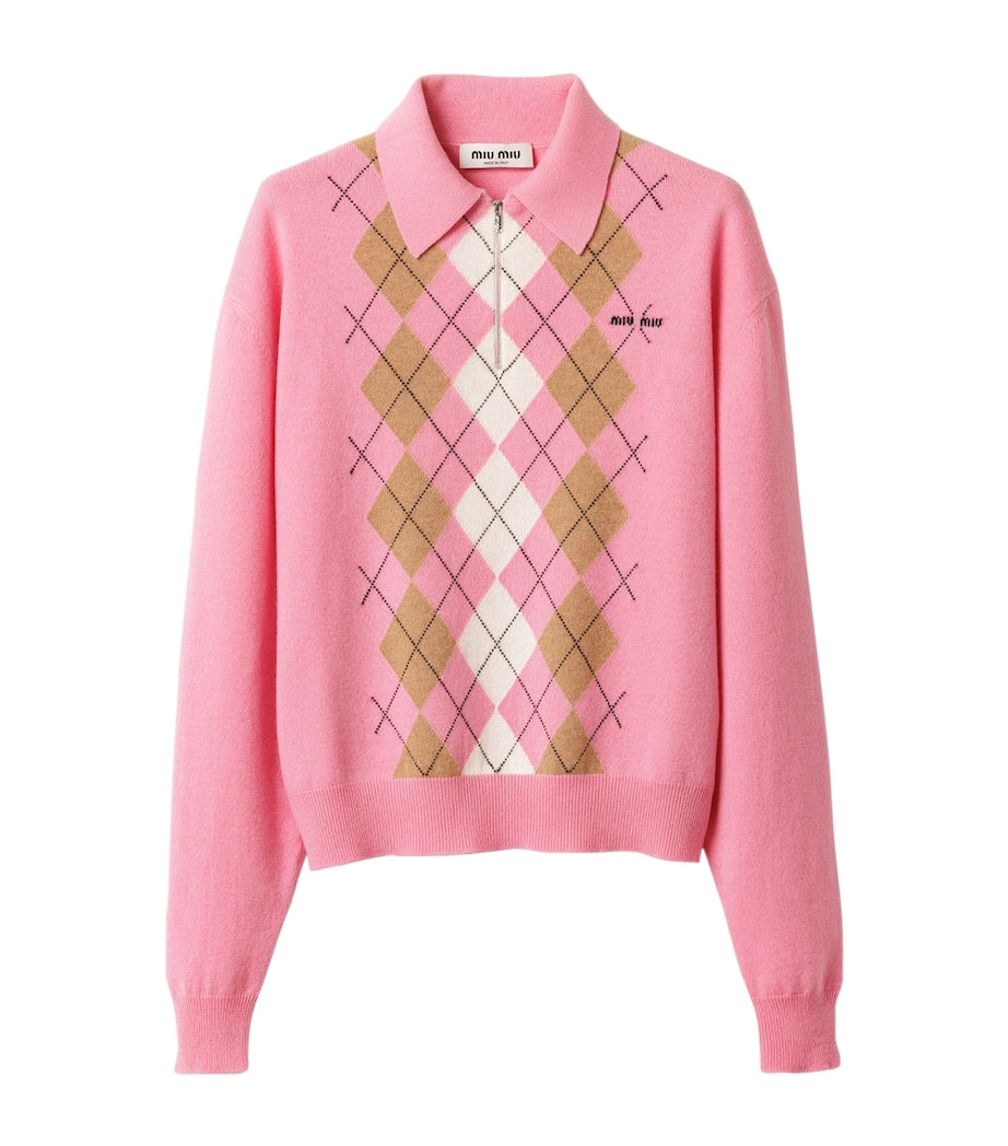 Pink Cashmere Zip-Up Polo Sweater