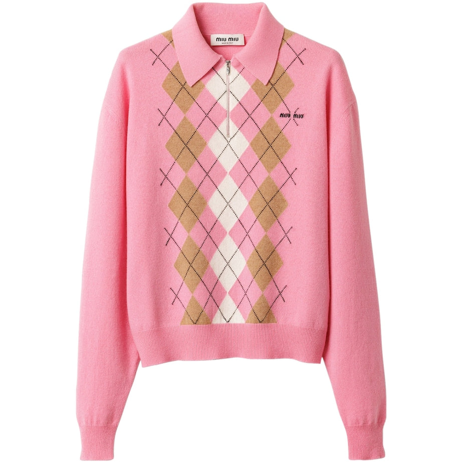 Pink Cashmere Zip-Up Polo Sweater