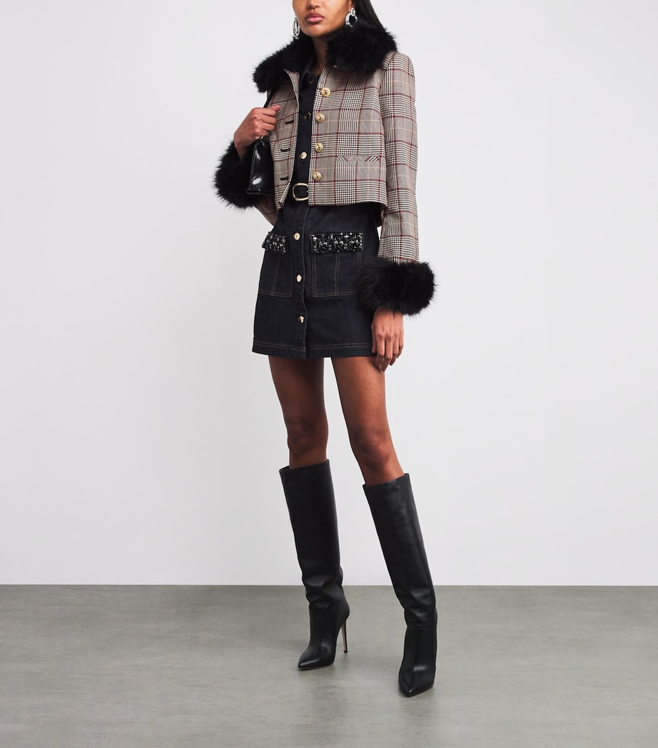 Self-Portrait Brown Faux Fur-Trim Check Jacket