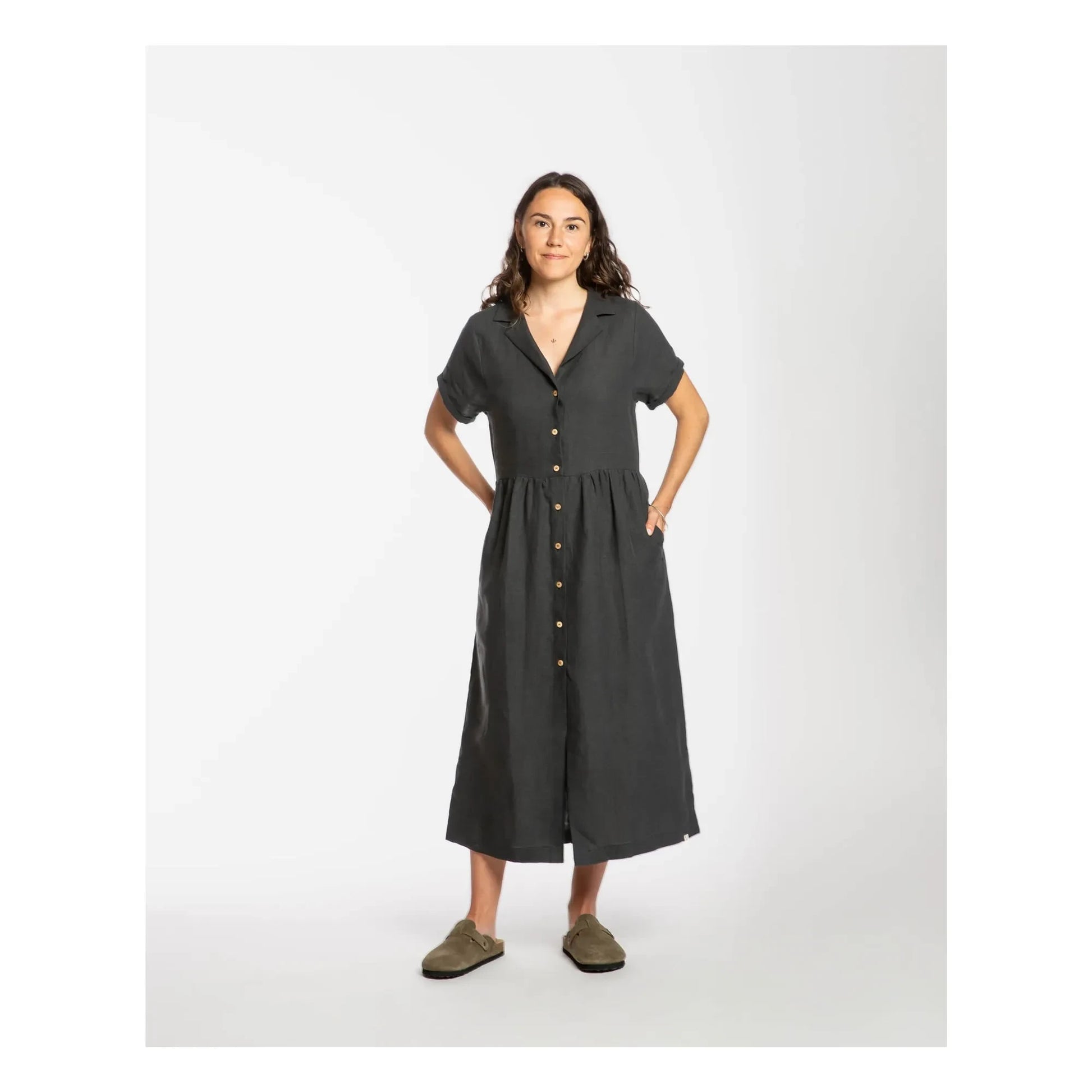 Matona - Linen Mi-Long Shirt Dress | Black
