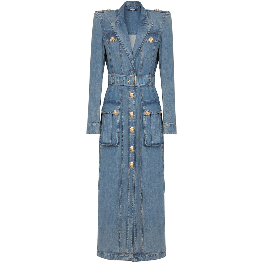 Blue Denim Belted Maxi Dress