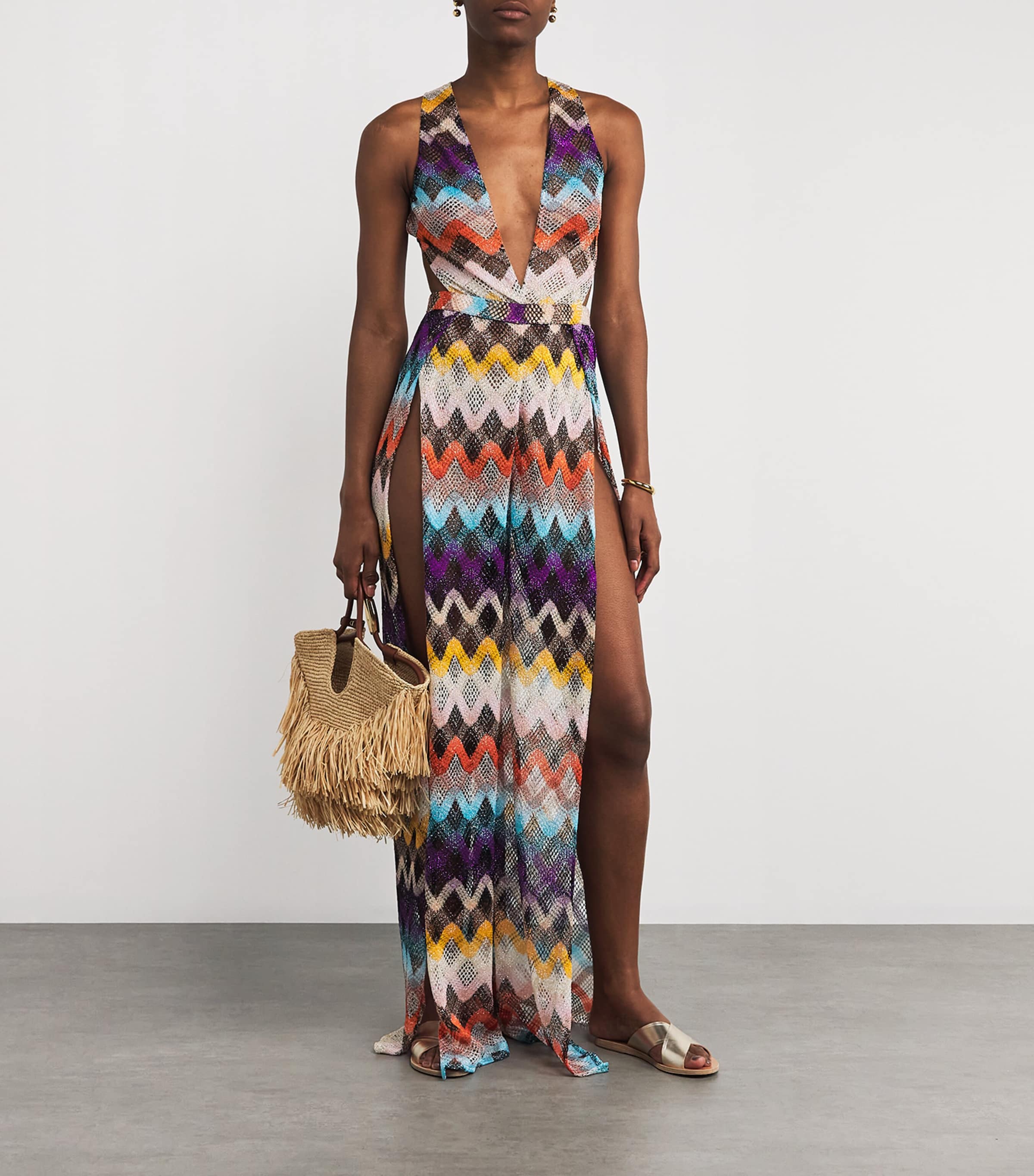Multi Zigzag Plunge-Neck Jumpsuit
