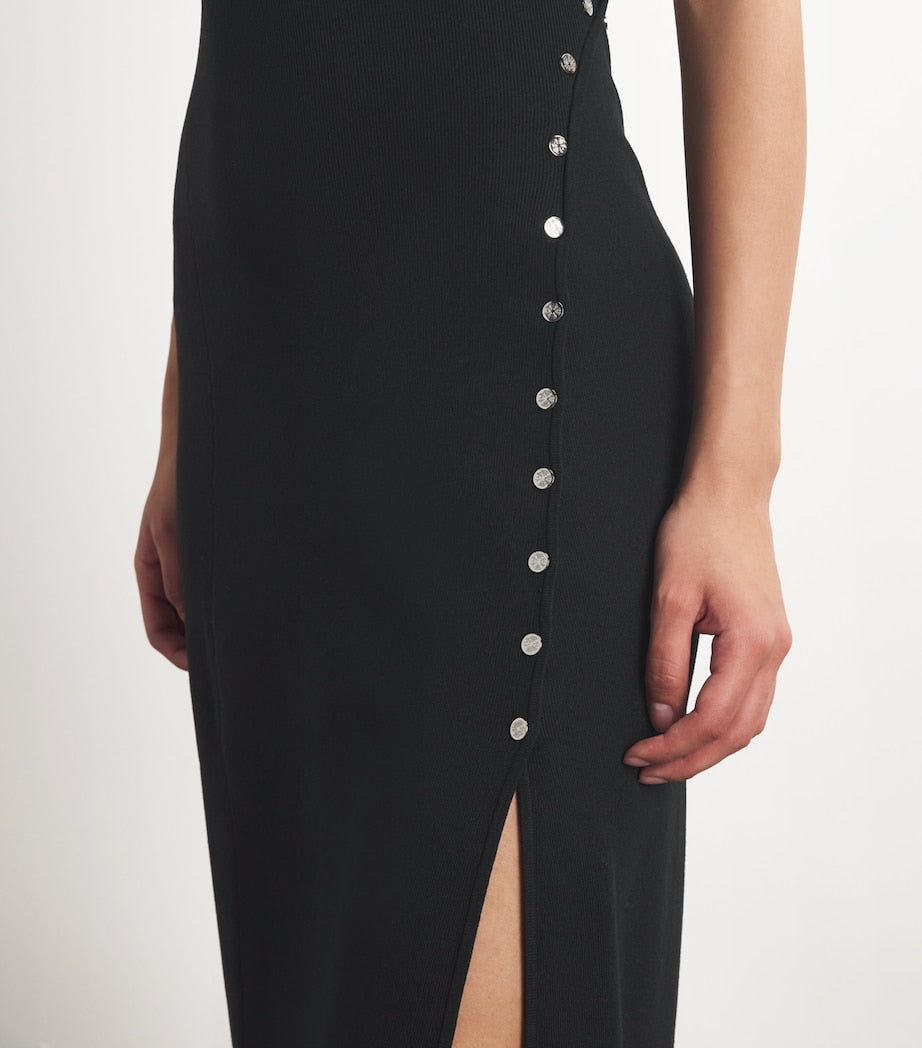 Maje Black Ribbed Press-Stud Midi Dress