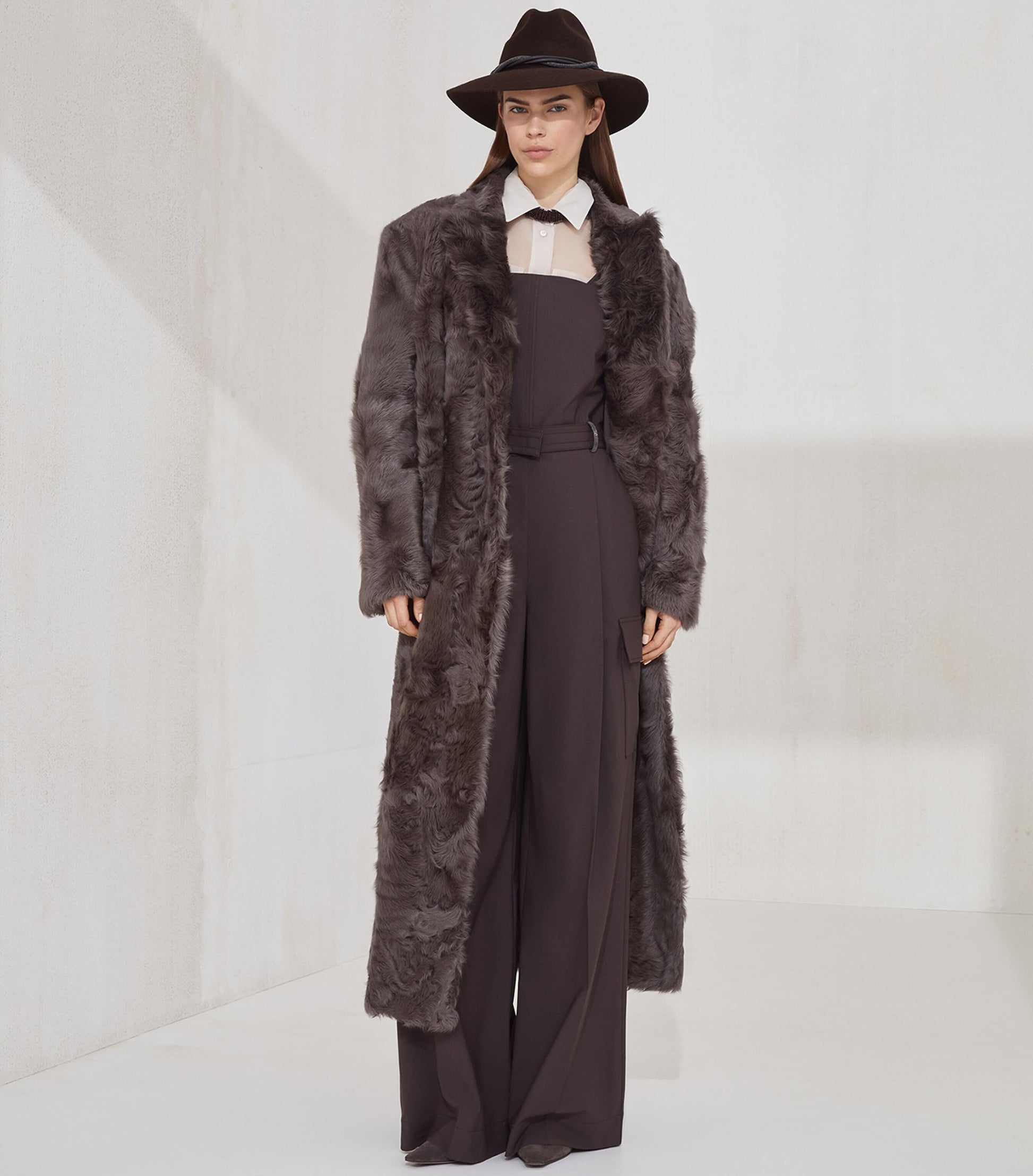 Brunello Cucinelli Brown Virgin Wool-Blend Belted Jumpsuit