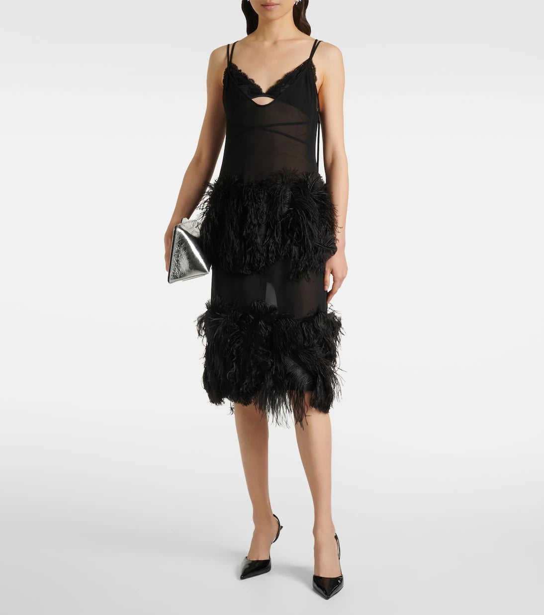 The Attico - Sheer feather-trimmed midi dress