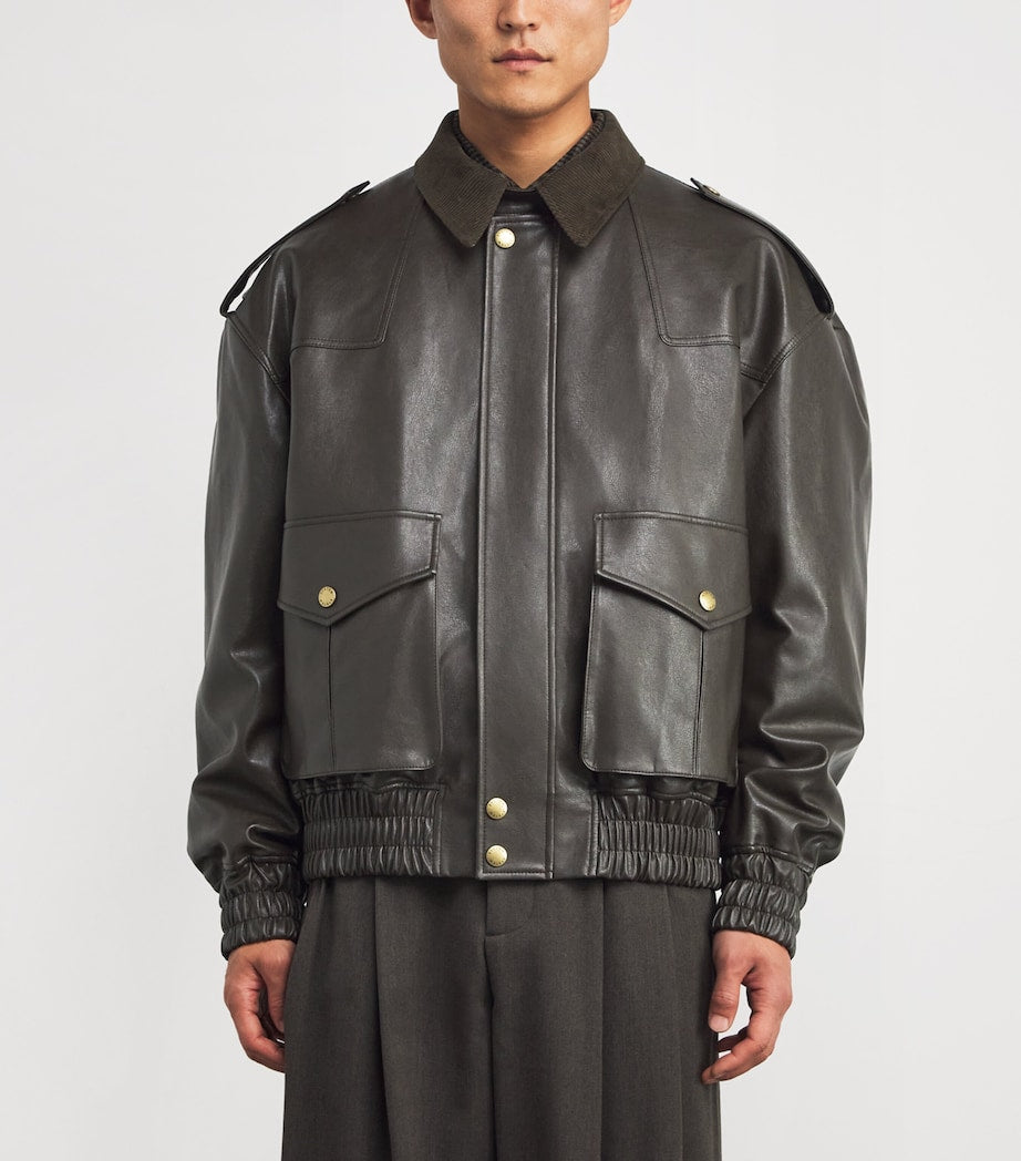 System Brown Faux Leather Bomber Jacket