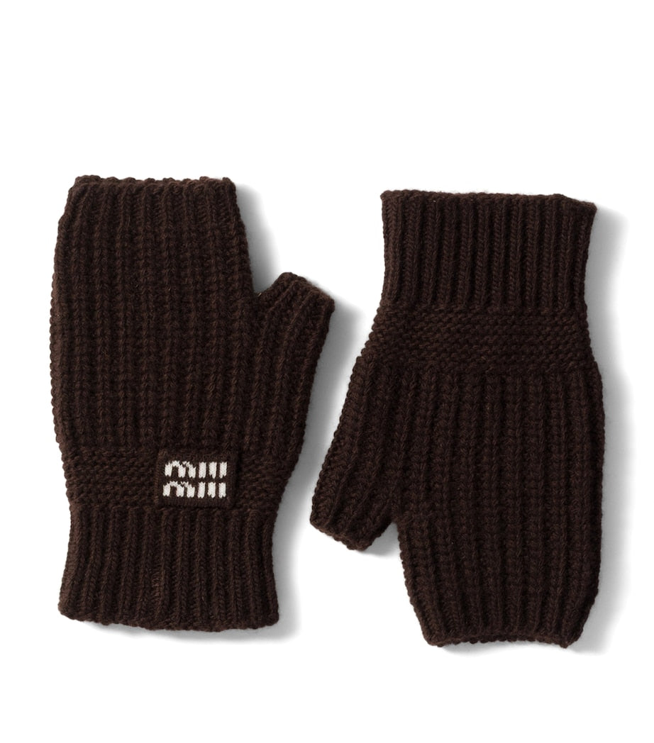 Brown Wool-Cashmere-Blend Logo Gloves